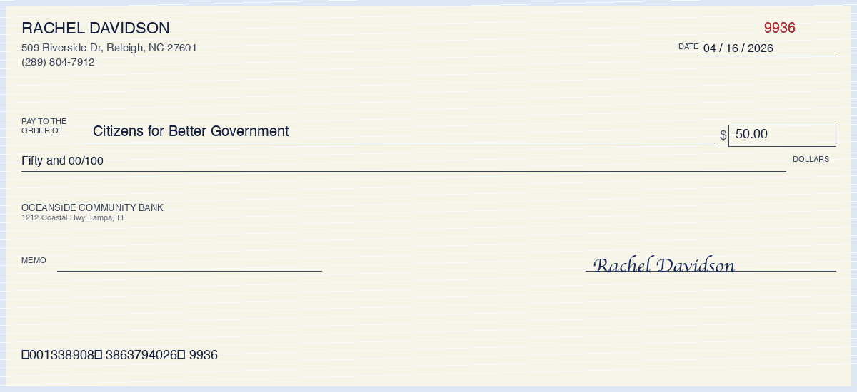 $50 from Rachel Davidson, Raleigh NC